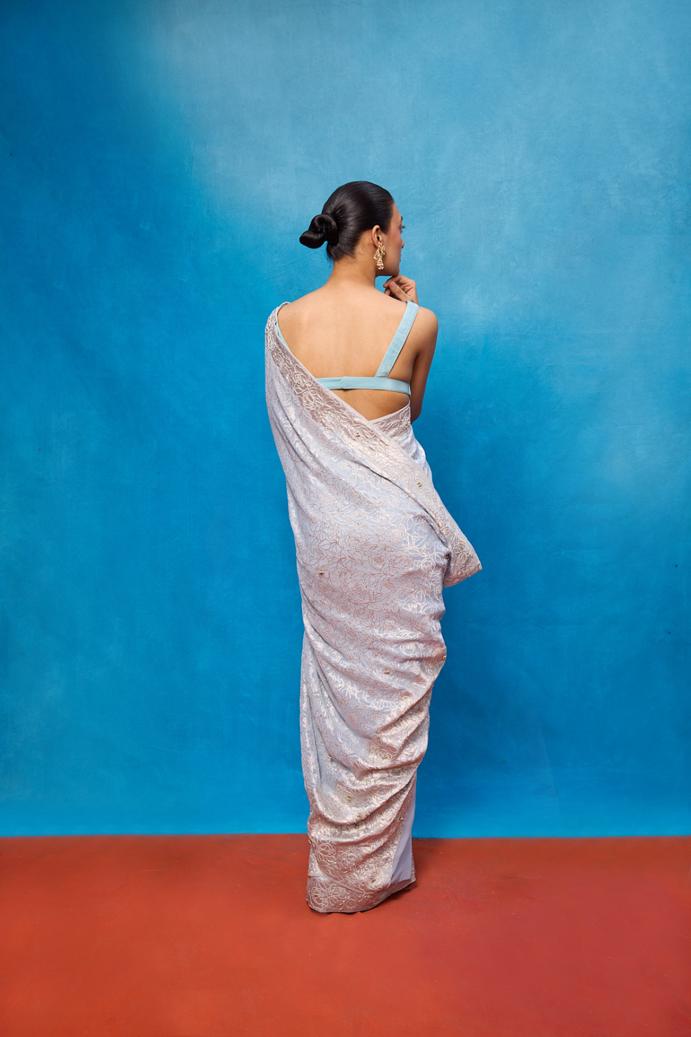 Handwoven Ice Blue Chiffon Embossed Saree