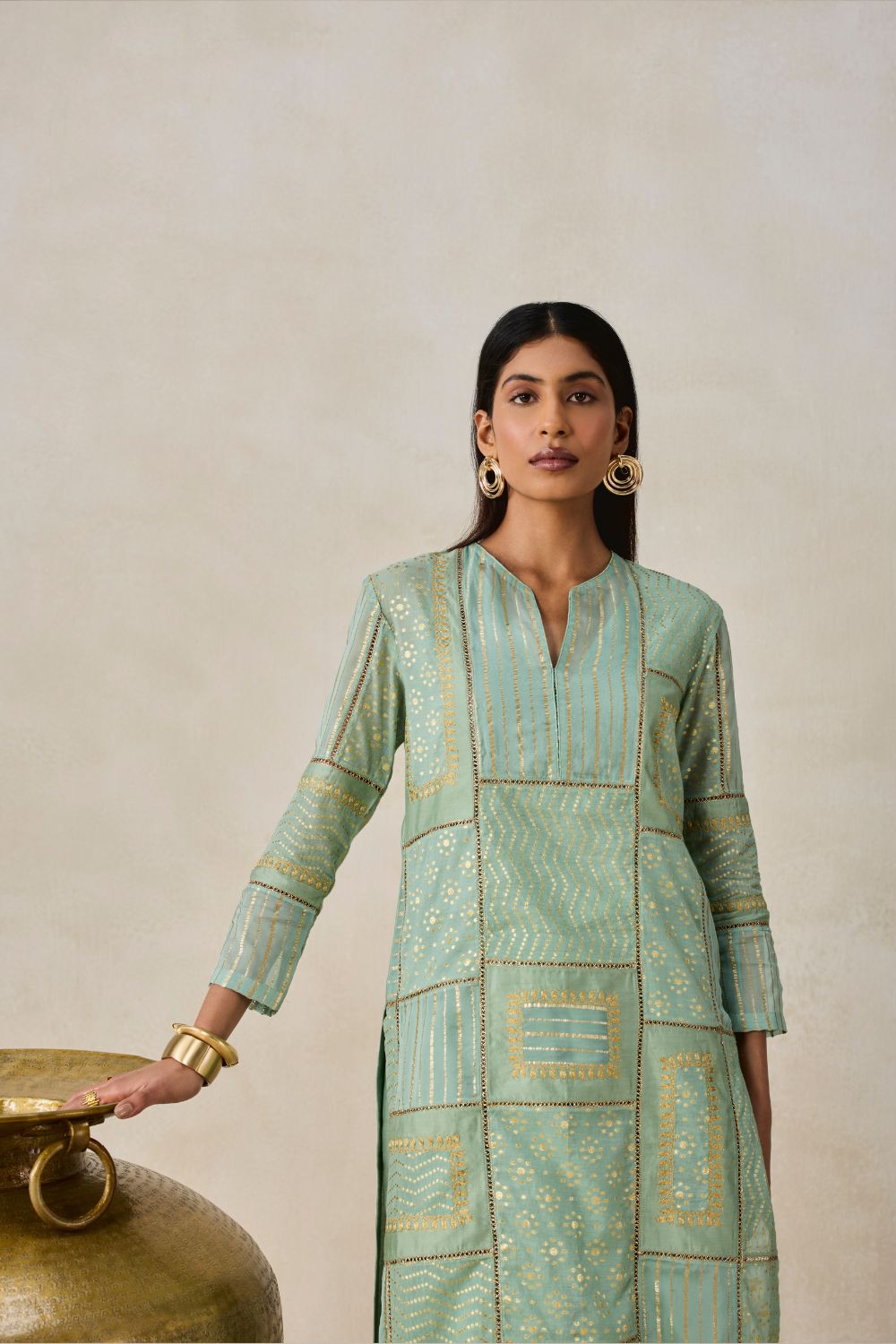 Gold Chanderi Patch Work Kurta & Salwar