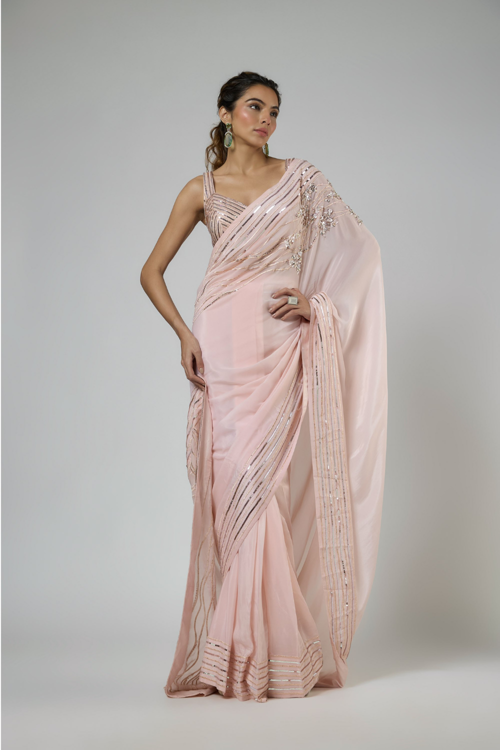 PEACHY PINK INTRICATE FLORAL EMBROIDERED SAREE WITH CORSET BLOUSE