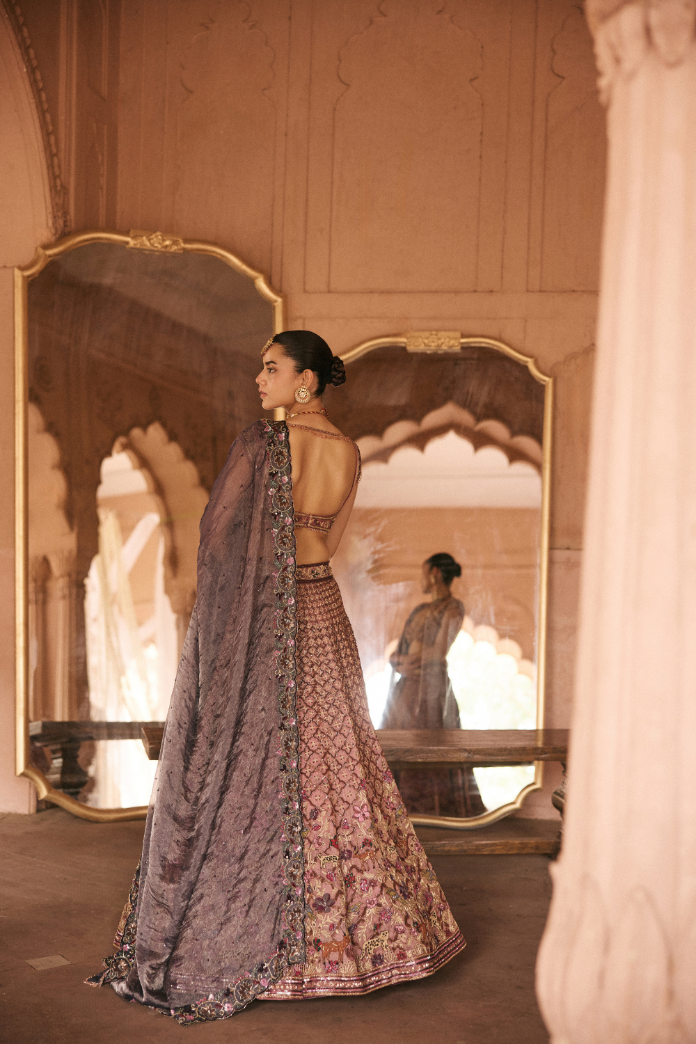 Pink, Purple, hand embroidery, sequins, Tissue Lehenga Set