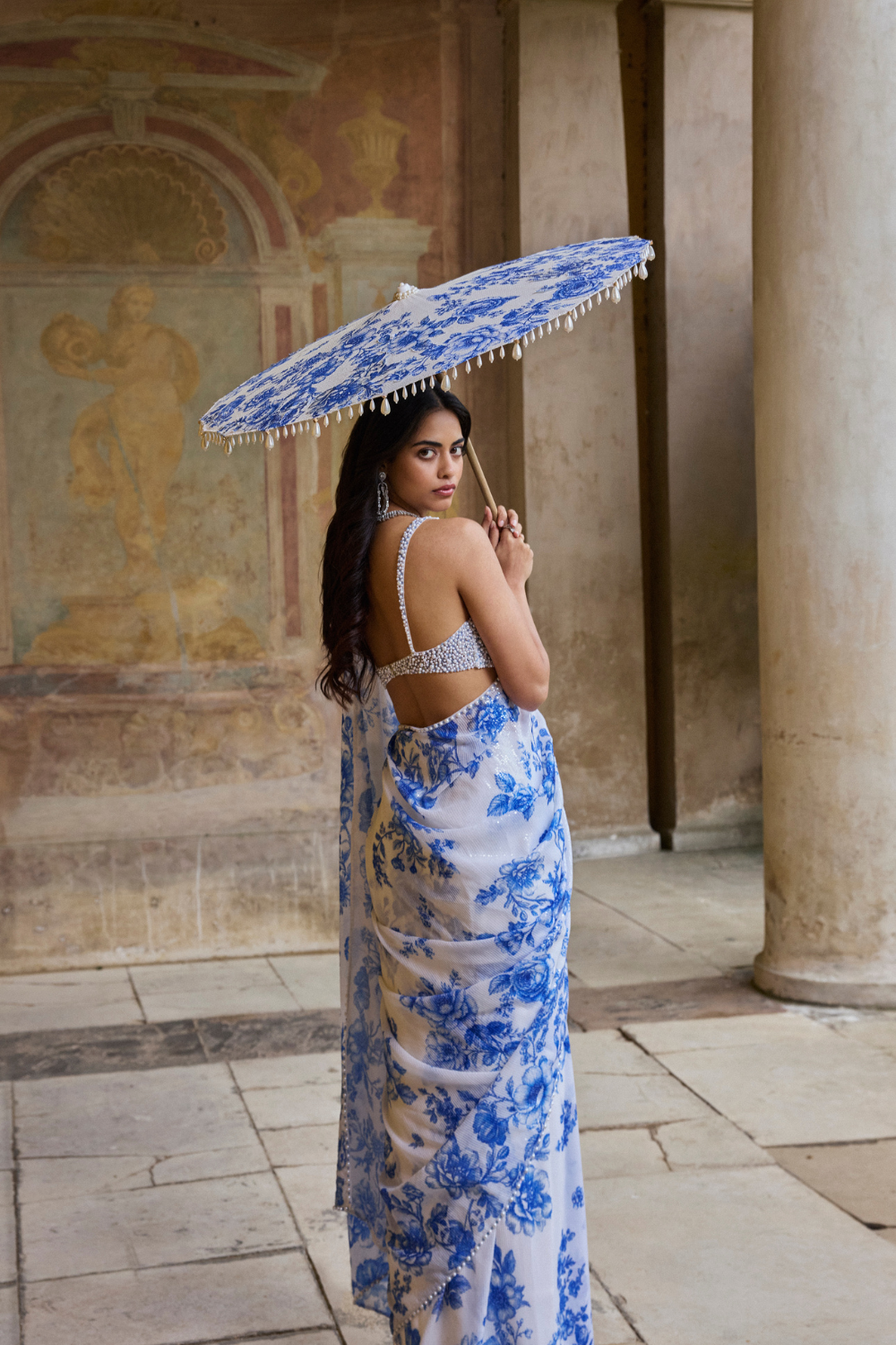 Ivory & Blue Sequin Saree