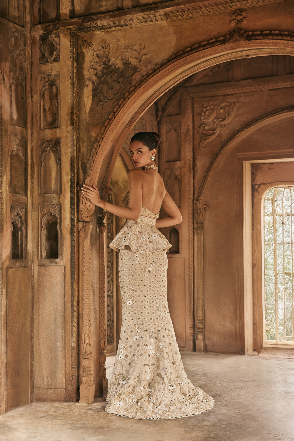 Gold, resham embroidery, tissue, gown