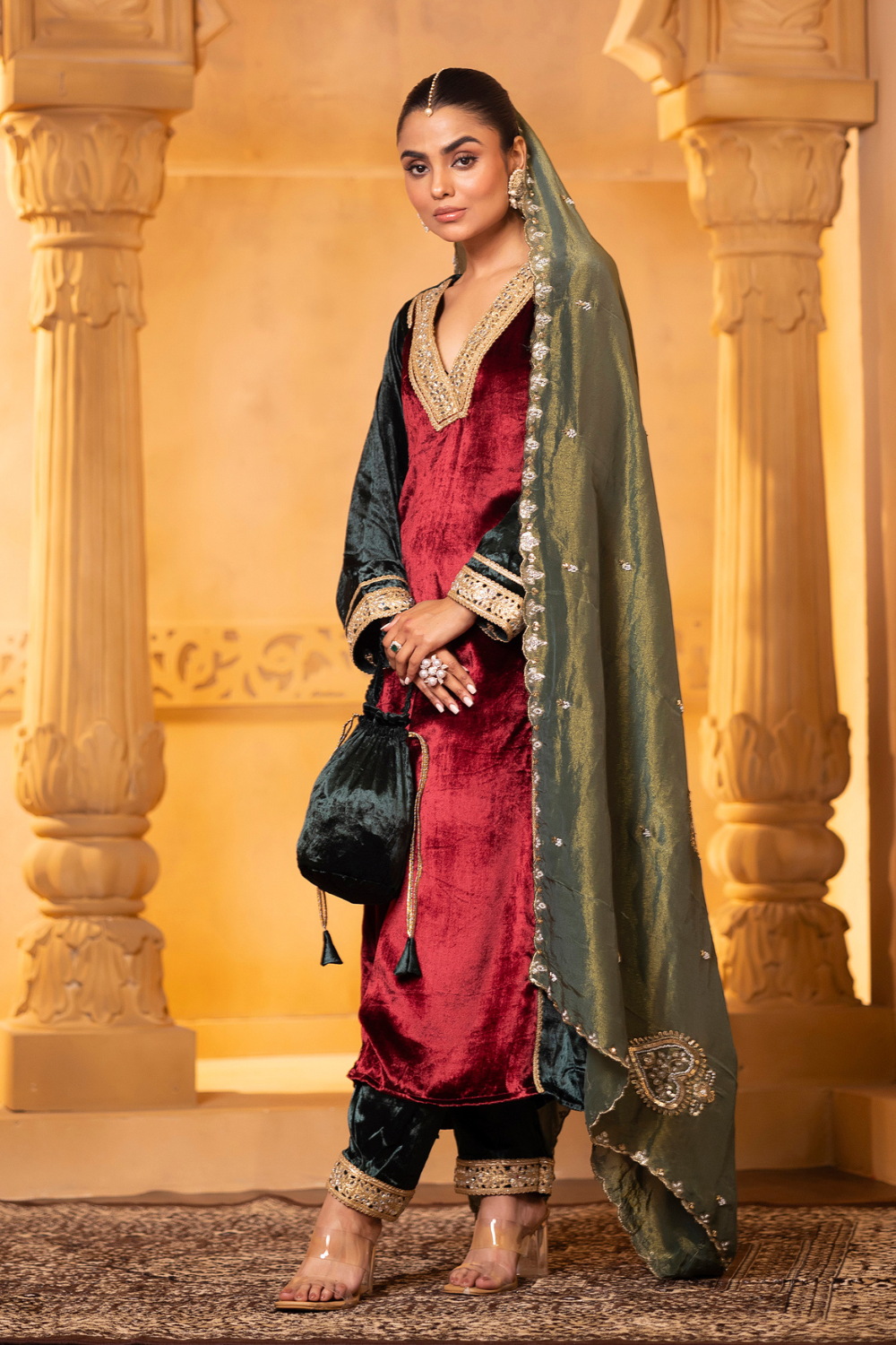 Maroon Green Velvet Set