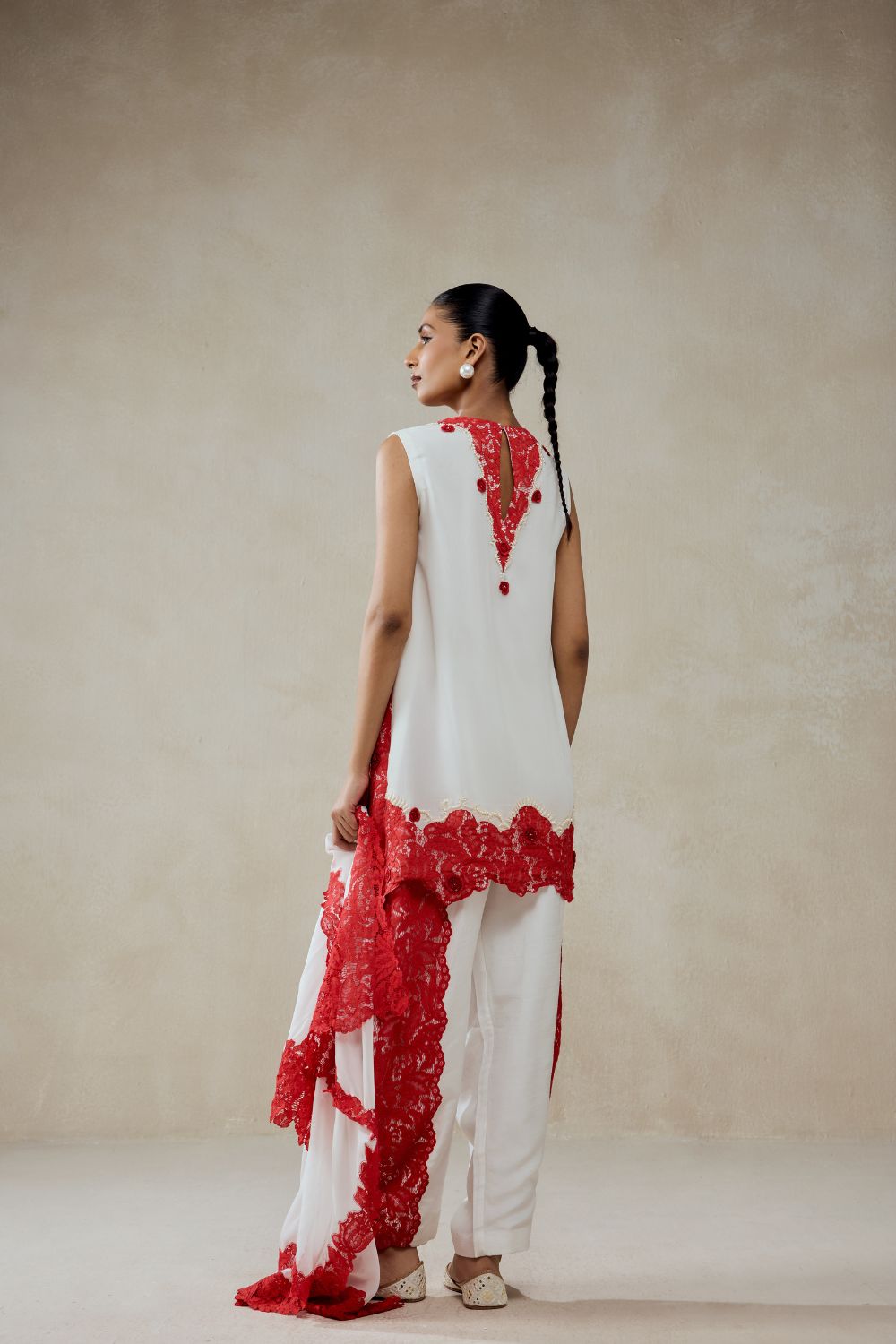 White Georgette With Red  Lace Applique Suit Set