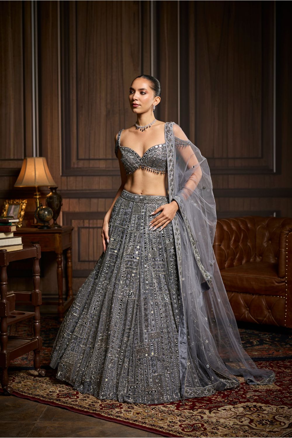 GUNMETAL EMBELLISHED MIRRORWORK LEHENGA SET
