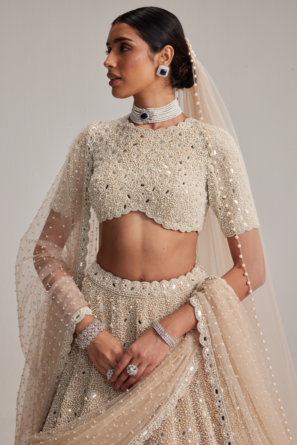 Light Beige Dense Pearl and mirror Lehenga Set with High Neck Blouse, Double Dupatta and Veil