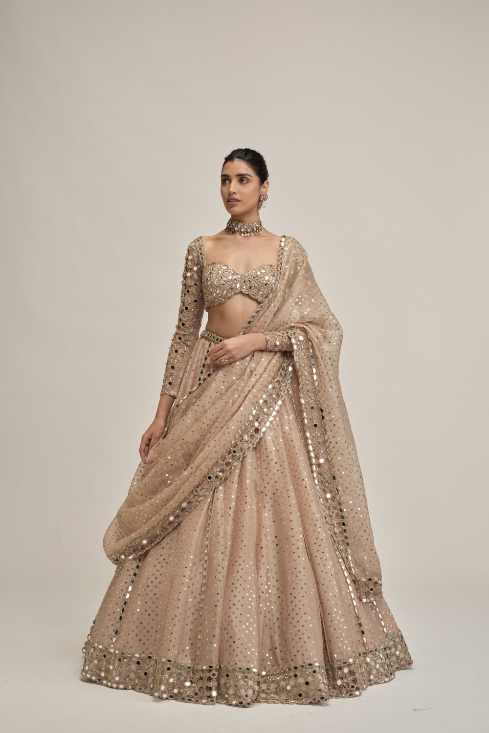 Light Beige Sequins Embroidered Full Sleeves Lehenga Set