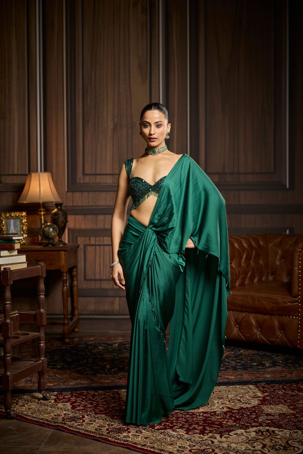 EMERALD GREEN EMBELLISHED BLOUSE AND PRE-DRAPED DHOTI SAREE SET