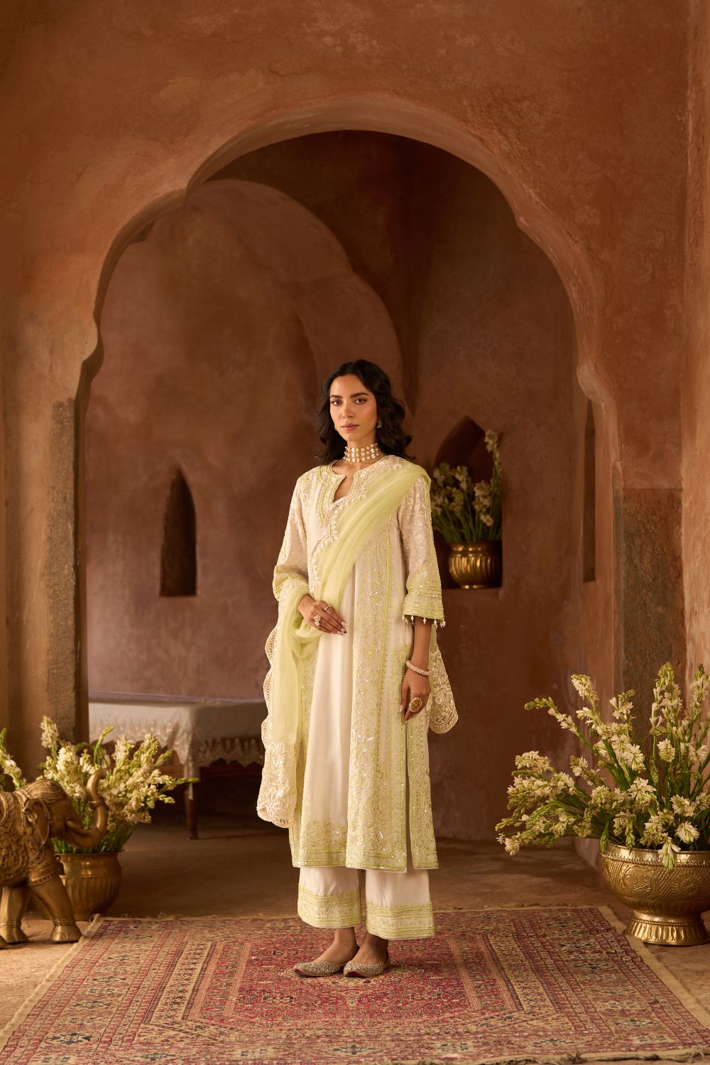 NURVI - DAISY IVORY WITH MINT GREEN LONG A-LINE KURTA WITH PALAZZO AND DUPATTA