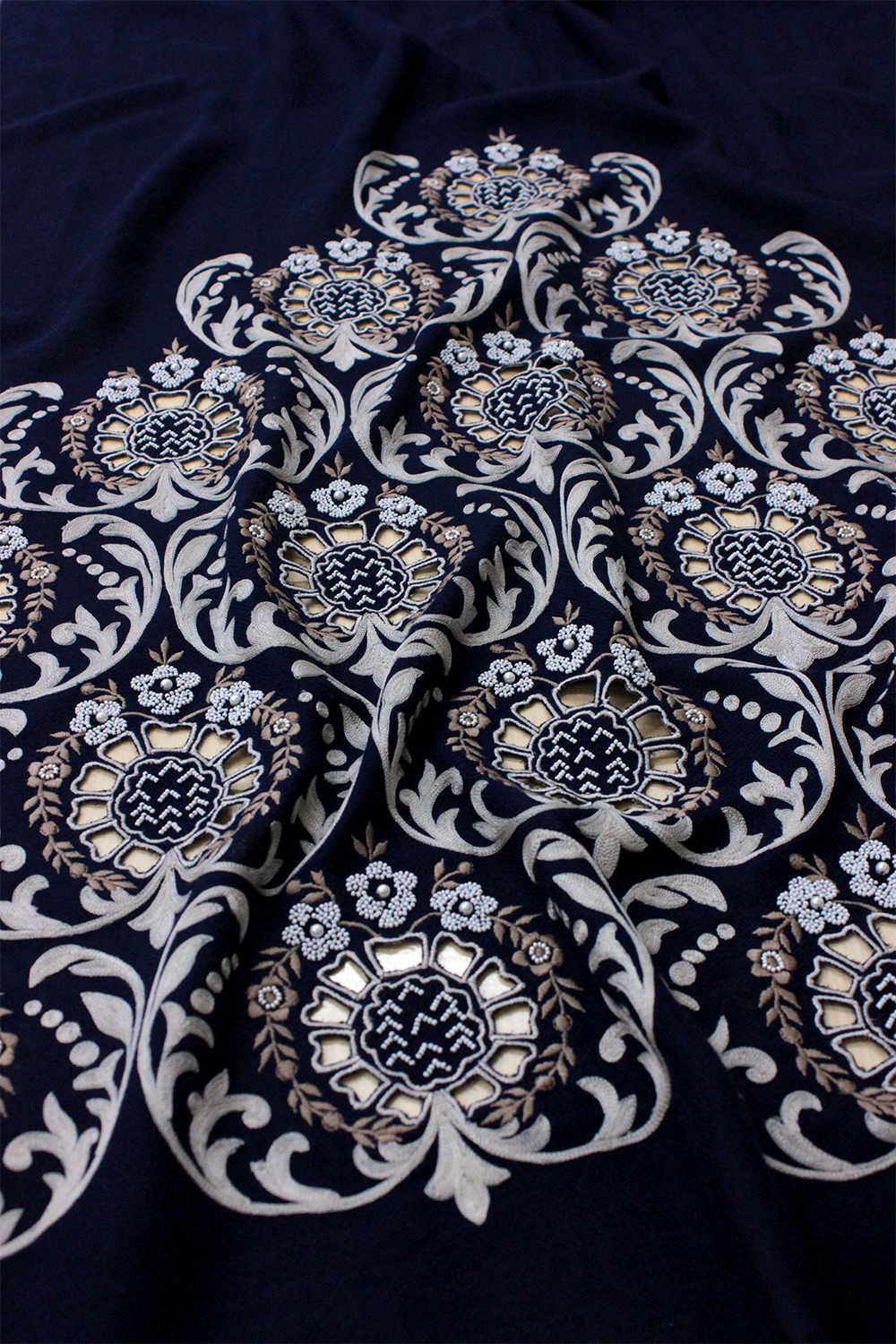 Floral Crest | Embroidered Wool Silk Stole – Navy