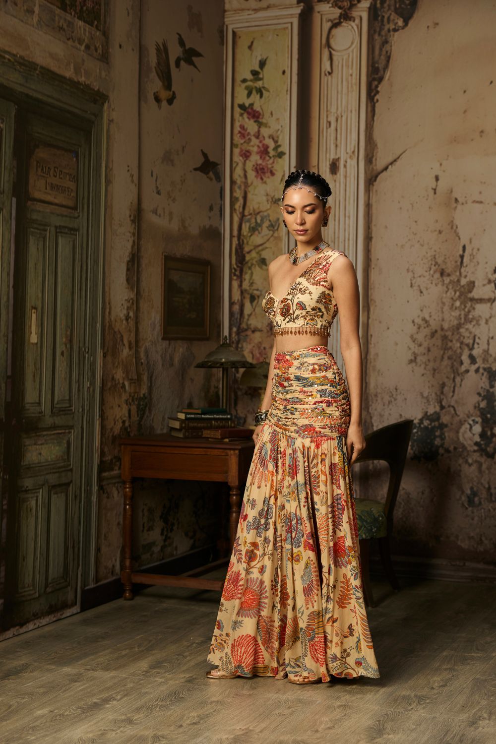 BEIGE PRINTED AND HIGHLIGTED BLOUSE WITH SKIRT SET