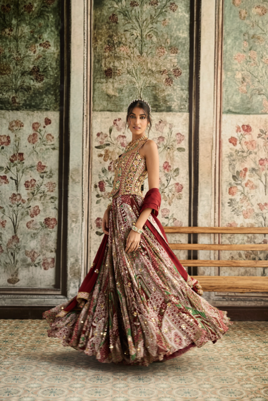 SAGE-MAROON PRINT AND HIGHLIGHTED CORSET BLOUSE LEHENGA SET