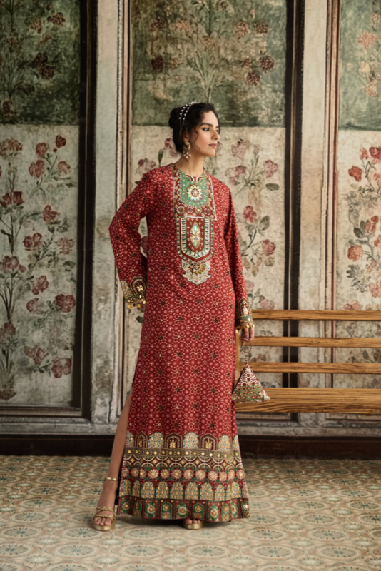 SAGE-MAROON PRINT AND HIGHLIGHTED  KAFTAN