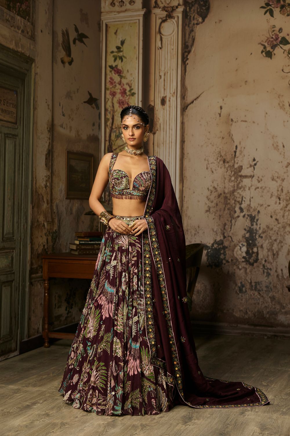 PLUM PRINTED AND HIGHLIGHTED LEHENGA SET
