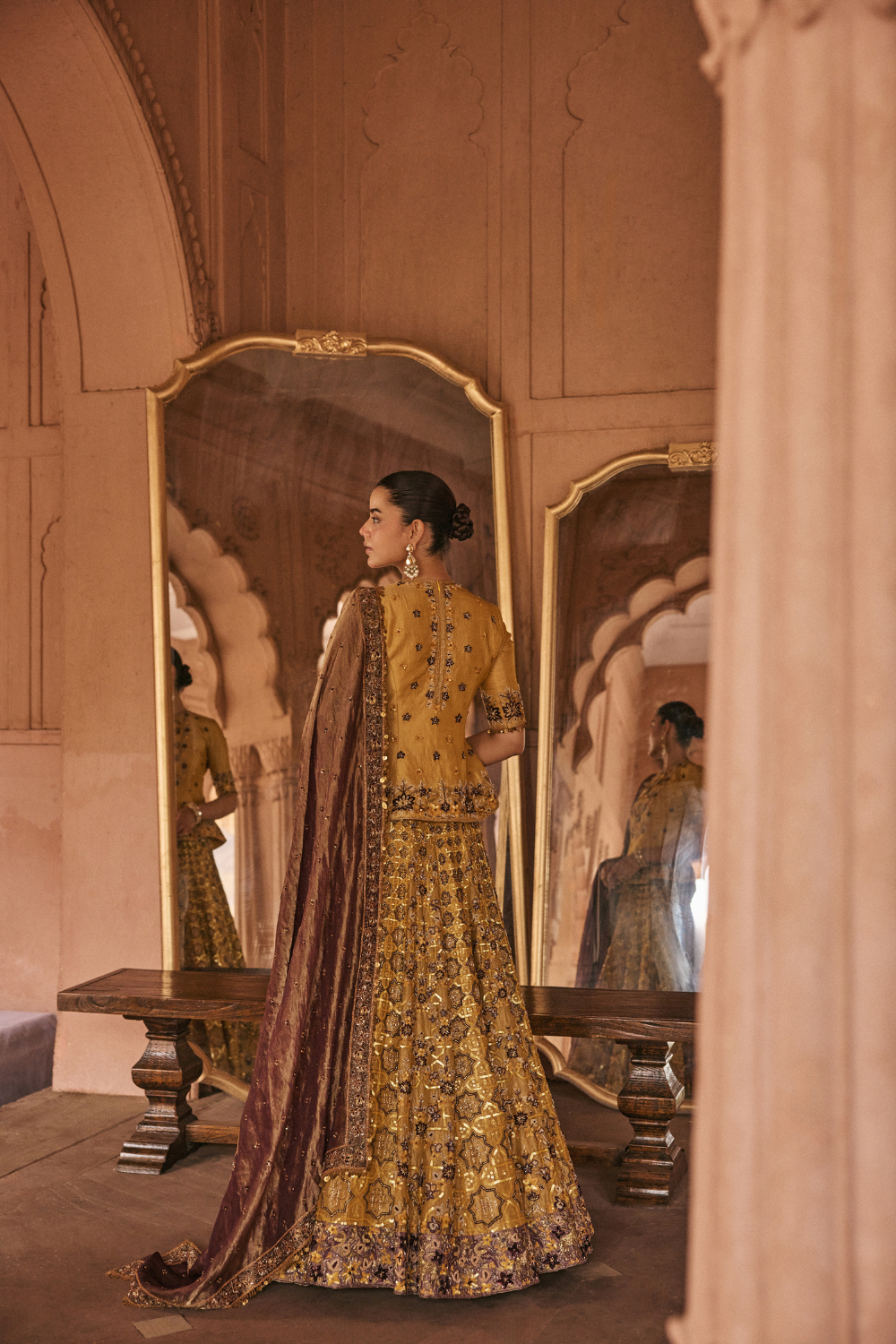 Yellow, Purple, hand embroidery, Dori, Tissue, Lehenga Set