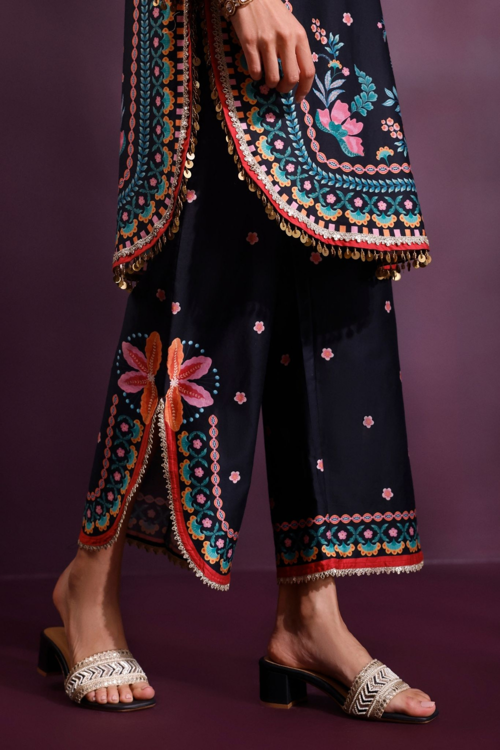 Omira Pima Satin Printed Black Kurta Set