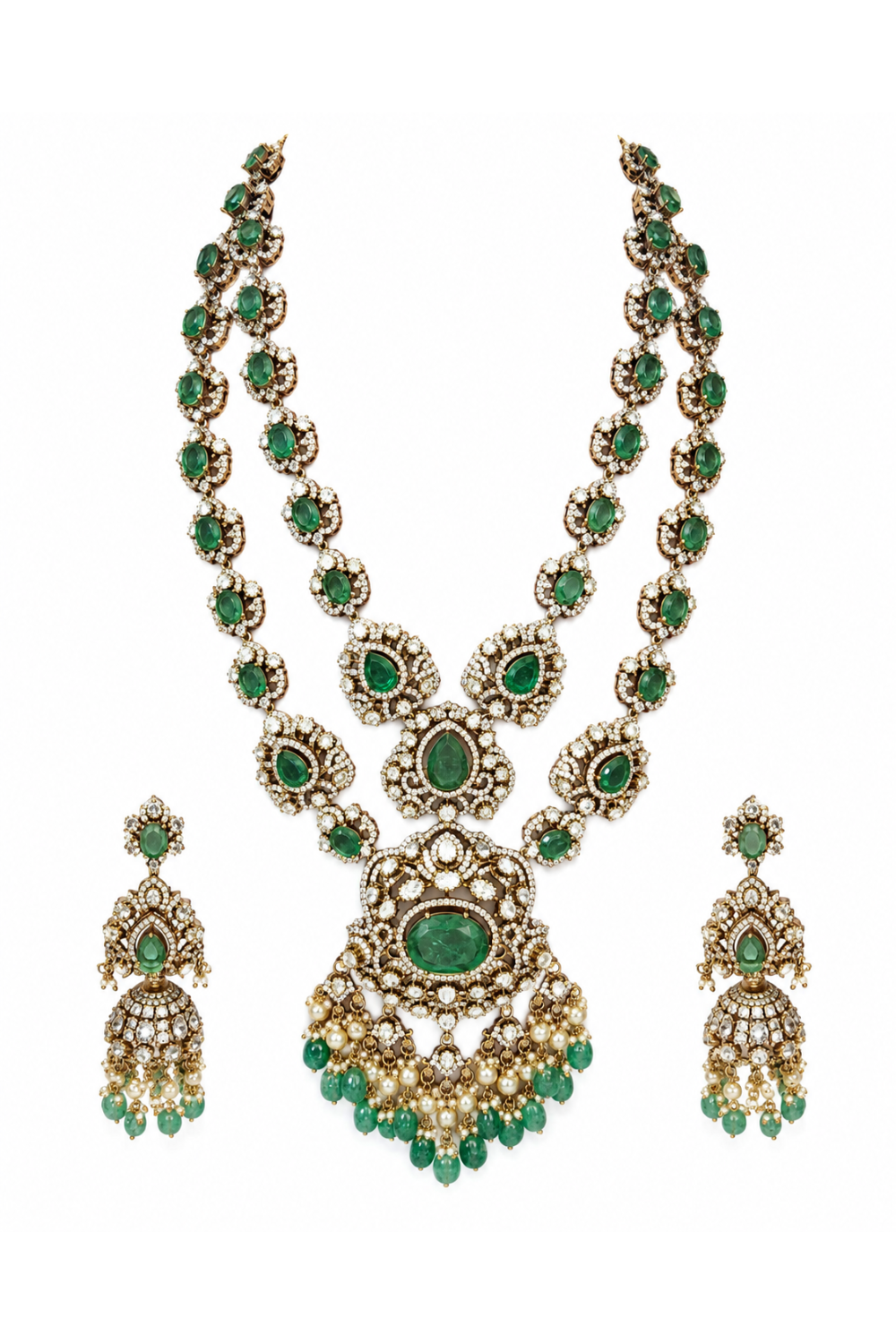 Sage Green Moissanite Long Two-Layered Necklace Set