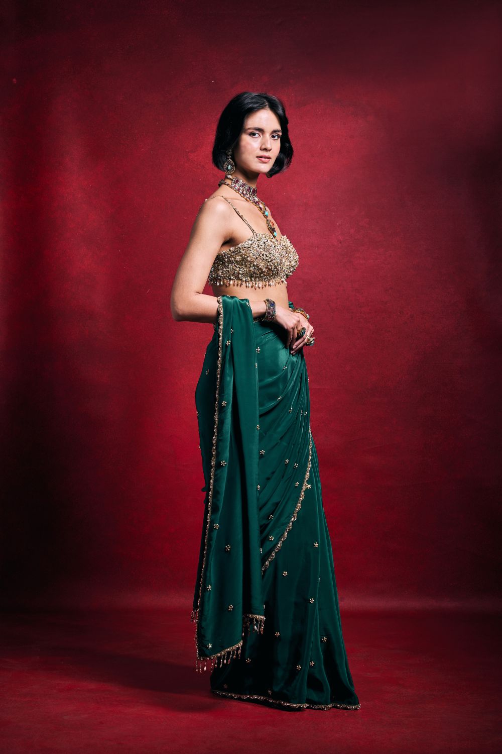 EMERALD GREEN CREPE SAREE SET