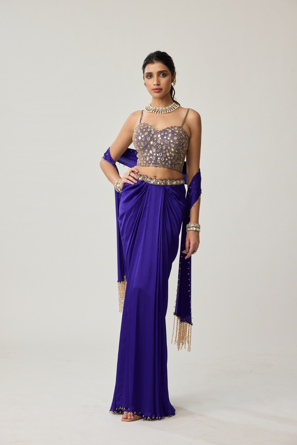 Persian Blue Mirror Corset Satin draped skirt Set