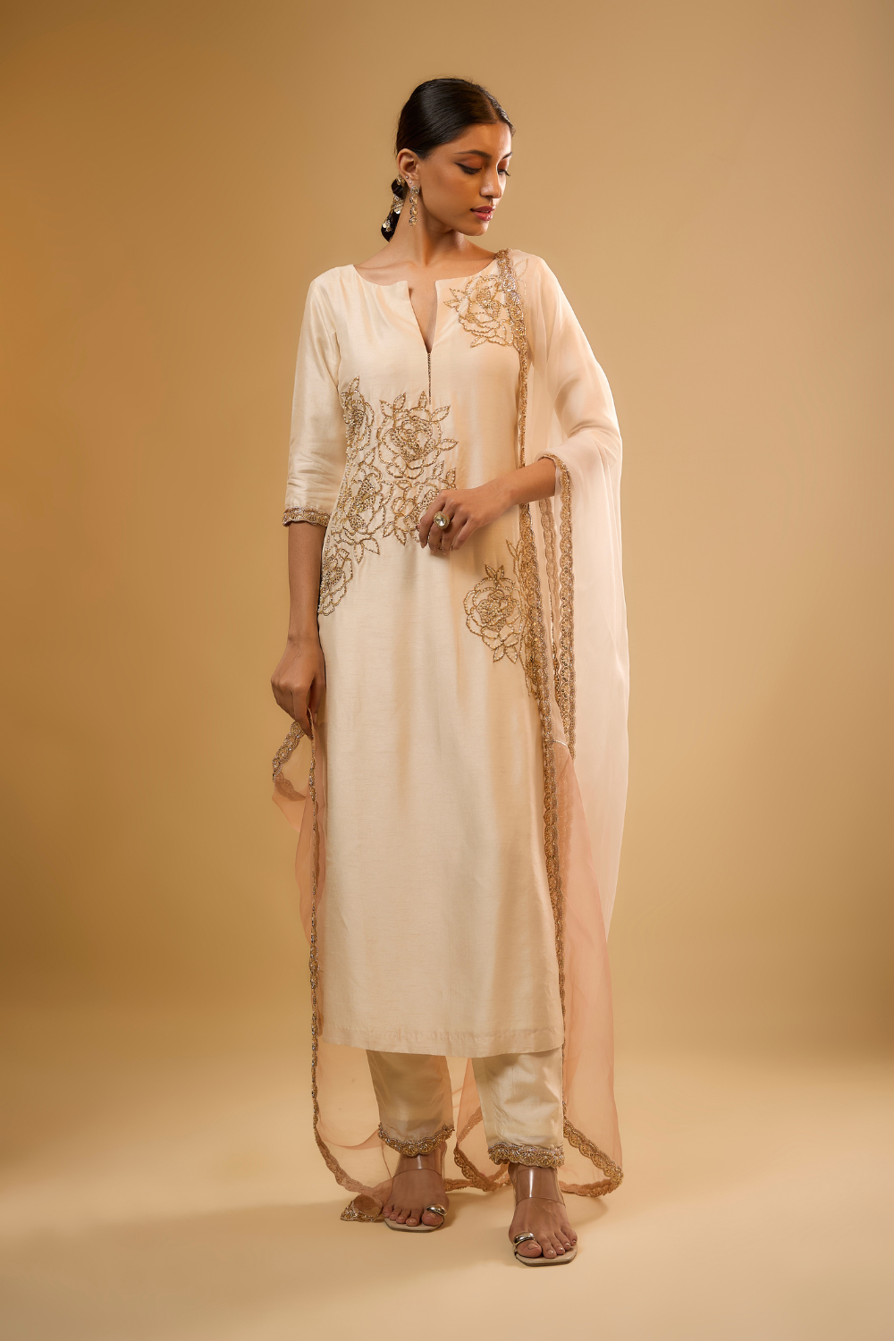 Vanilla white semi dupion kurta pants set with floral gold embroidery