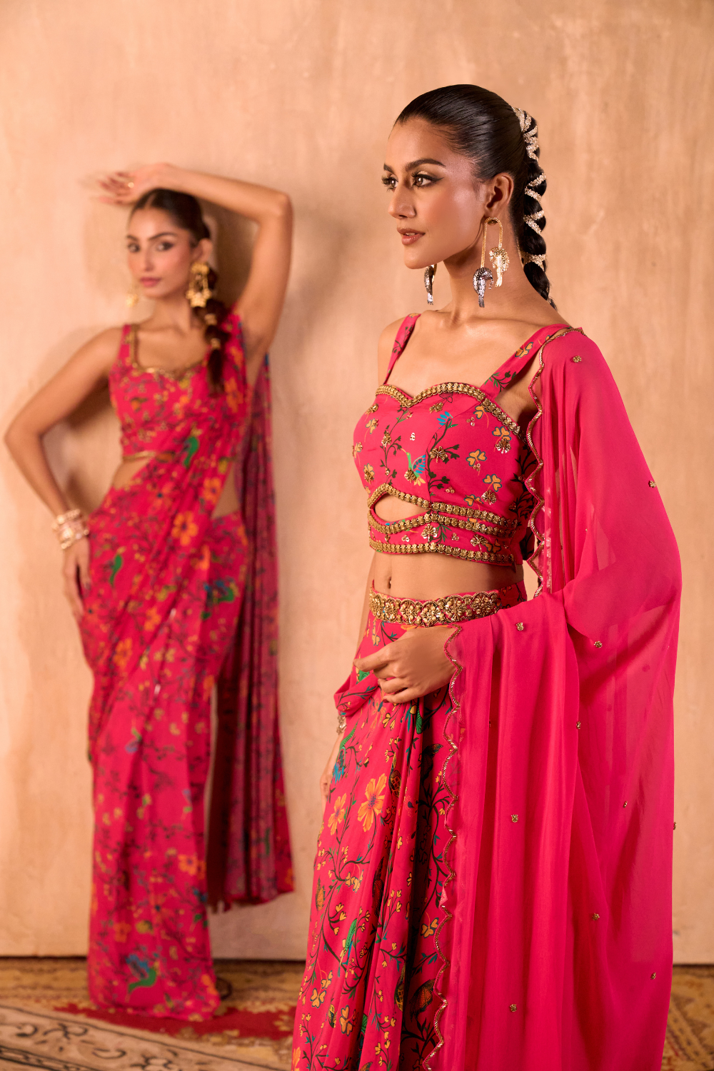 PINK PRINT EMBROIDERED CHOLI, DRAPED SKIRT AND DUPATTA SET