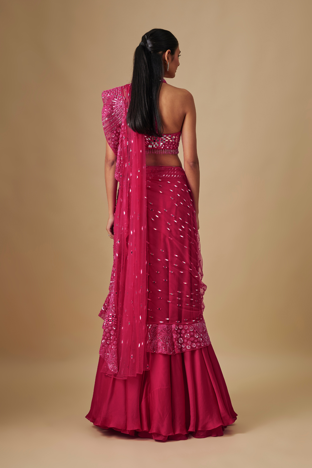 Pluvia- Fuchia Drape saree Tulle Blouse Border Pallu