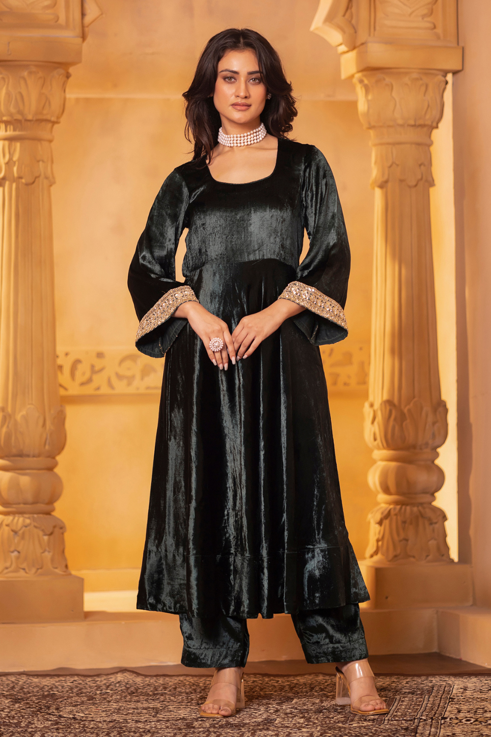 Emerald Velvet Anarkali Set