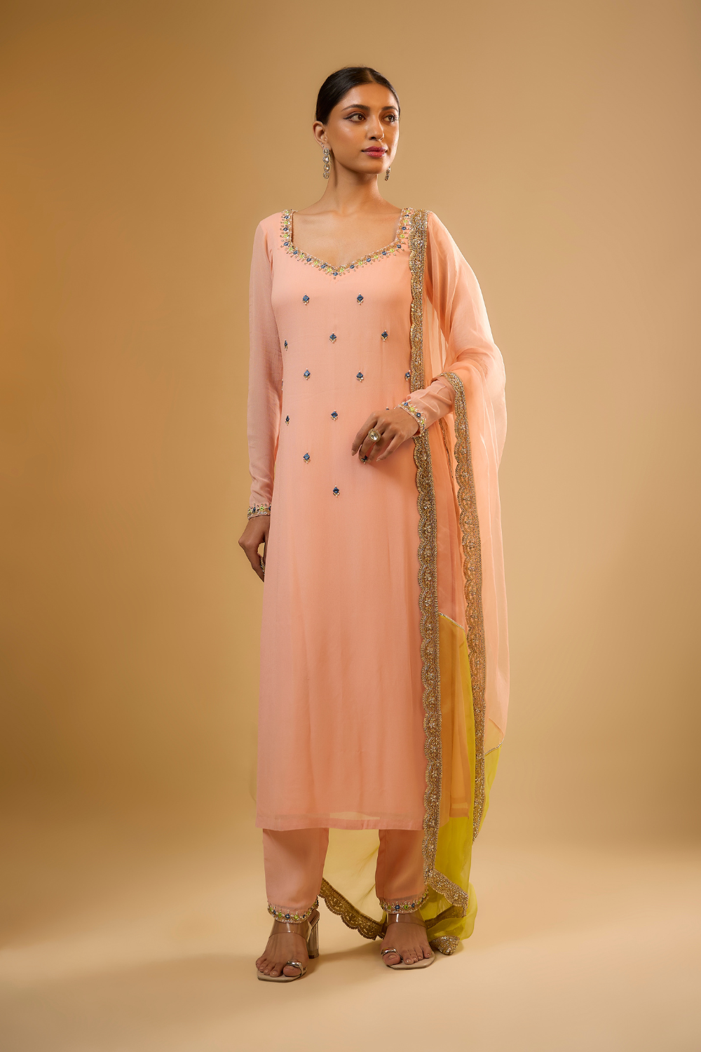 Peach sorbet georgette kurta pants set with mirrors and multicoloured  embroidery