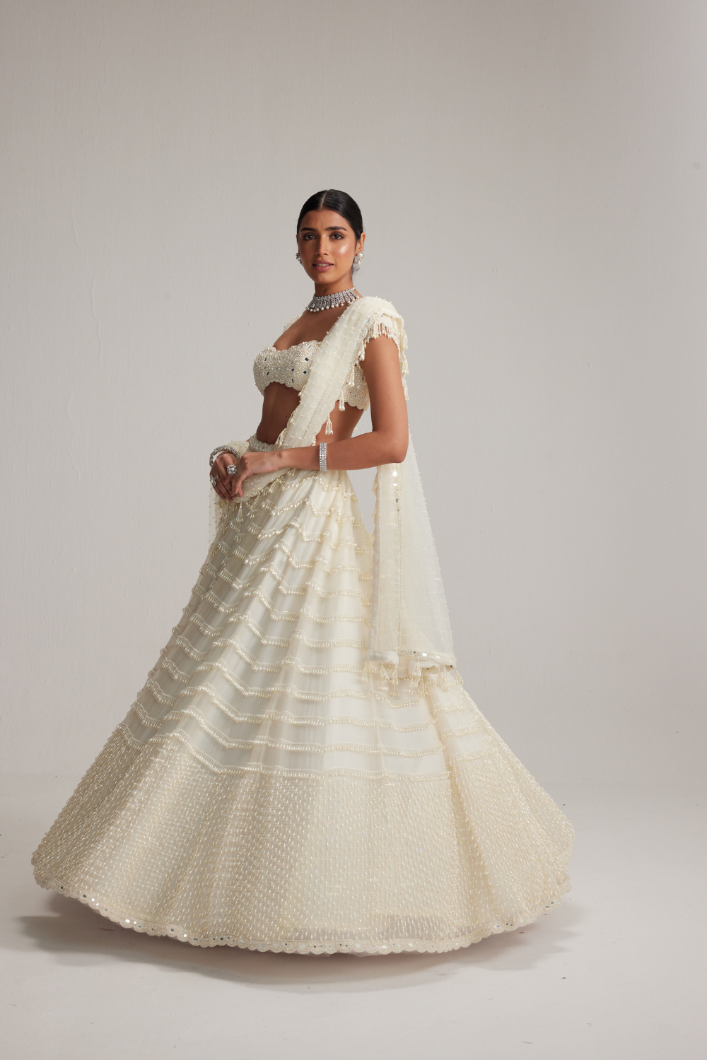 Off White Mirror and Pearl Drop Bridal lehenga set