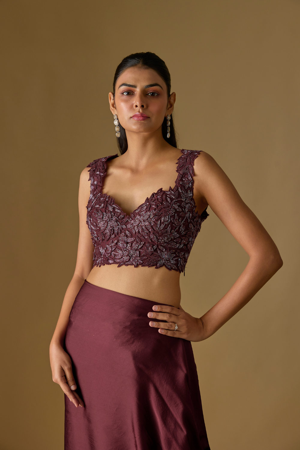 Baylin- Wine Pre-Draped Saree with Floral Blouse