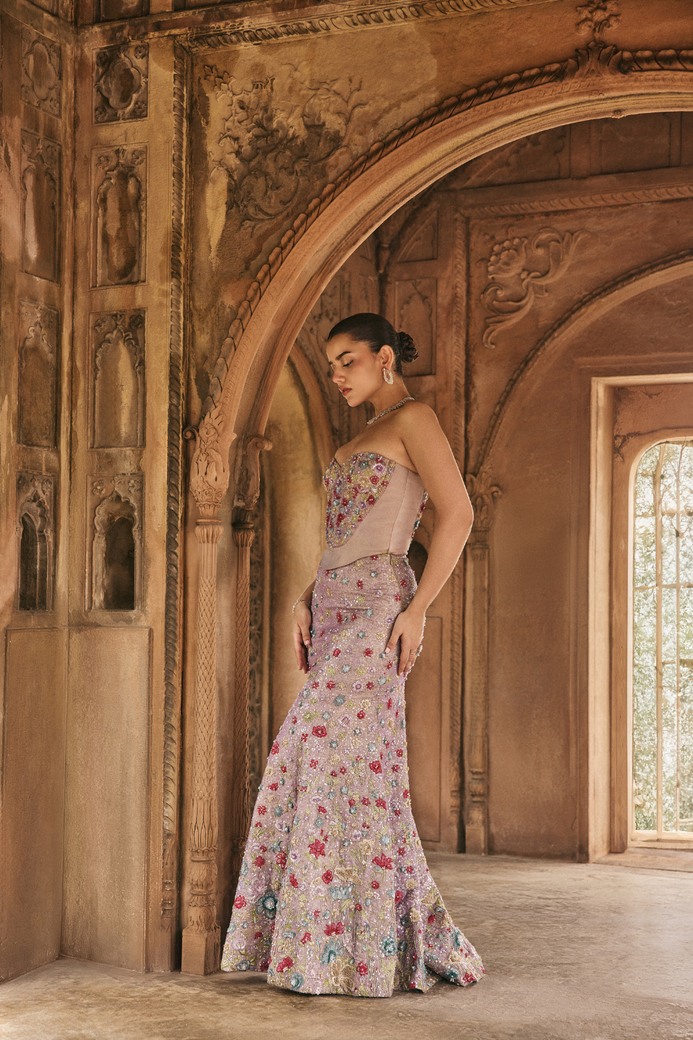 Multi-coloured, mauve, resham embroidery, sequins, tissue, gown