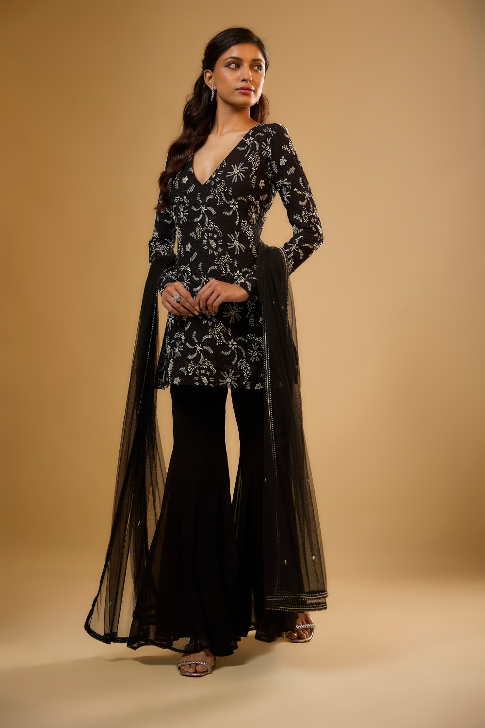 Black georgette kurta sharara set embroidered with sequins, glass beads & threadwork