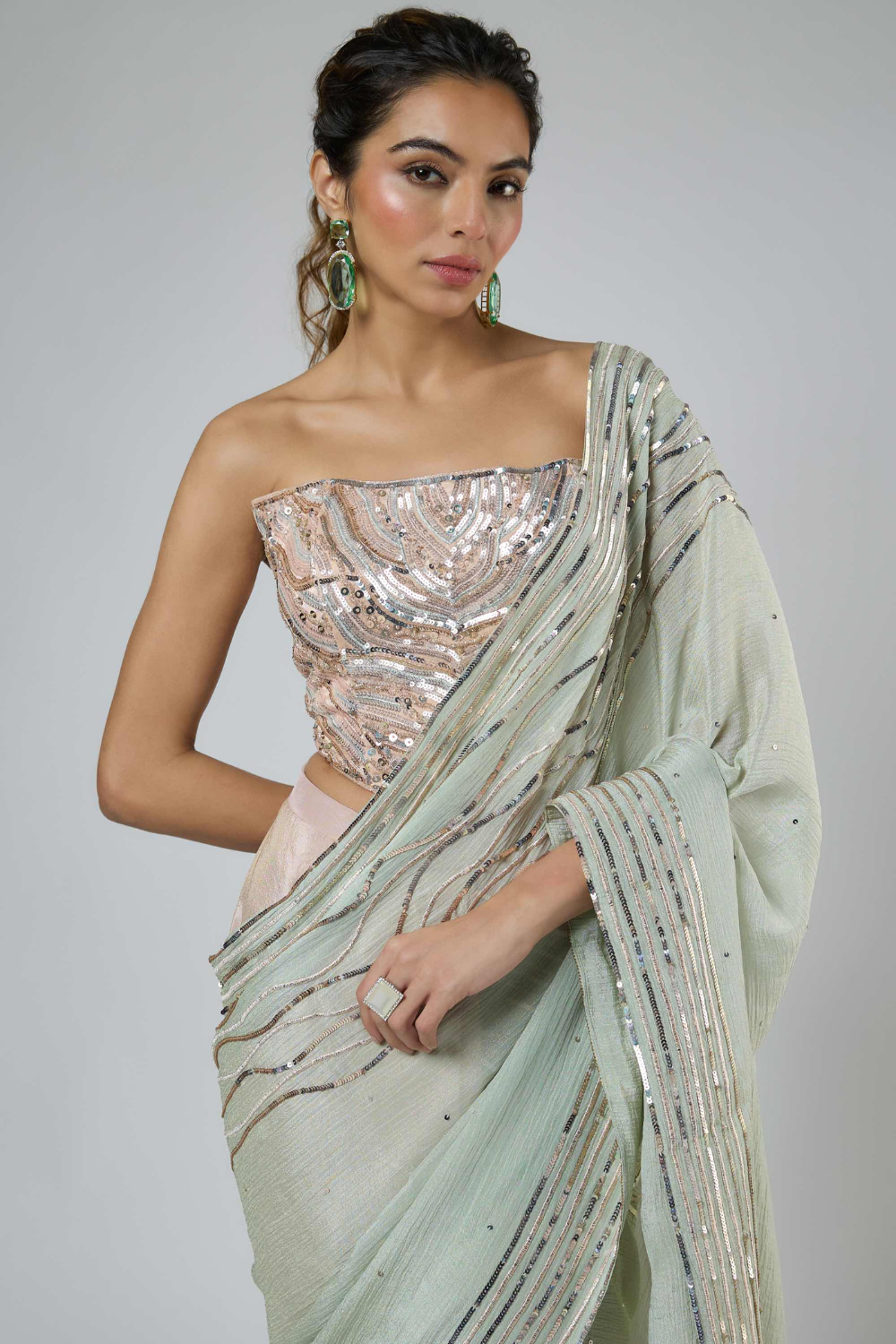 LIGHT MINT AND PINK OMBRE INTRICATE EMBROIDERED SAREE WITH CORSET BLOUSE