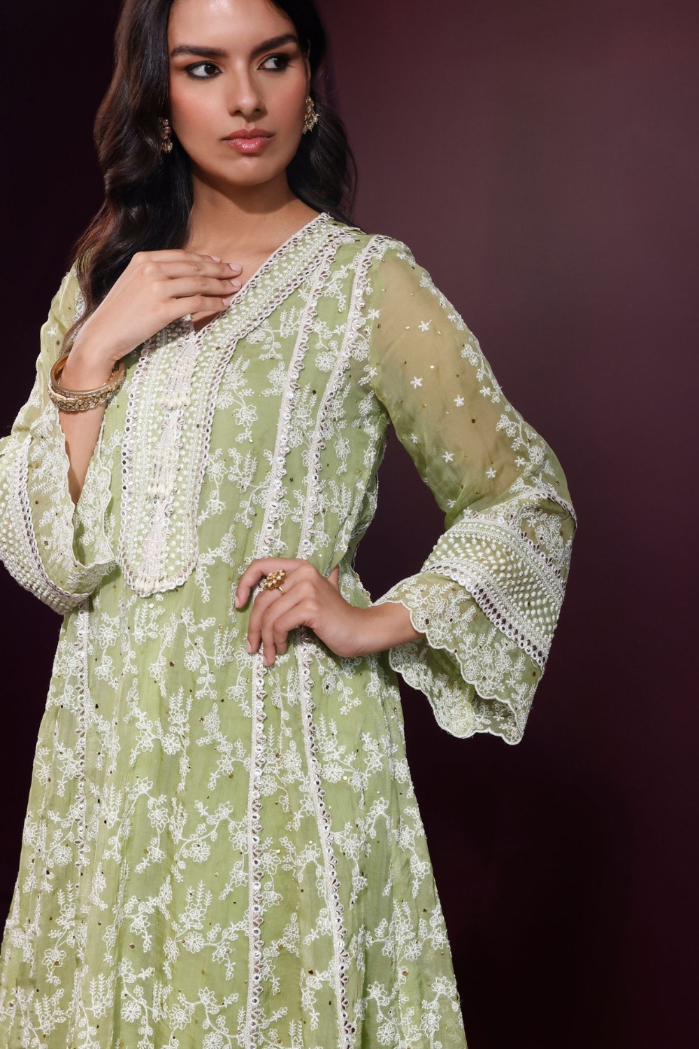 Rupa Organza Pista Green Anarkali Kurta with Pima Satin Pista Green Pant Set