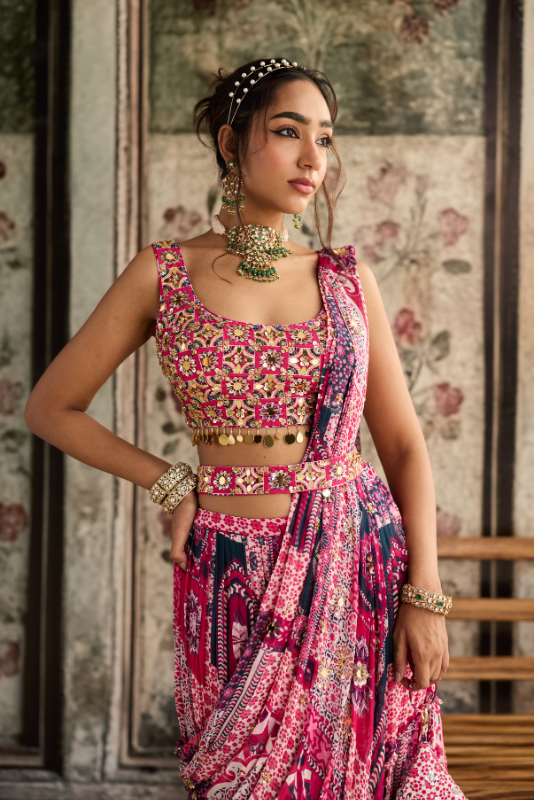 FUSCHIA PRINT AND HIGHLIGHTED SQUARE NECK BLOUSE WITH TIERED SAREE  SET