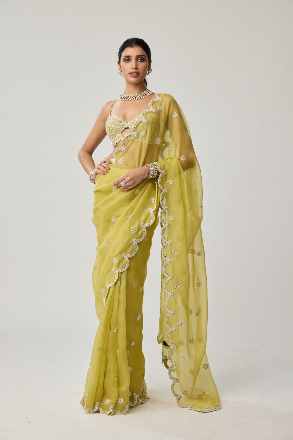 Fern Green Organza Mirror and Pearl saree set