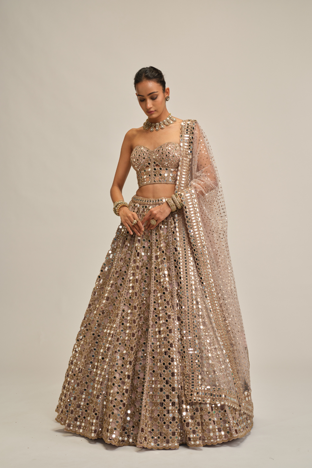 Ash Pink Dense Big Mirror Cutwork Lehenga with Corset Set