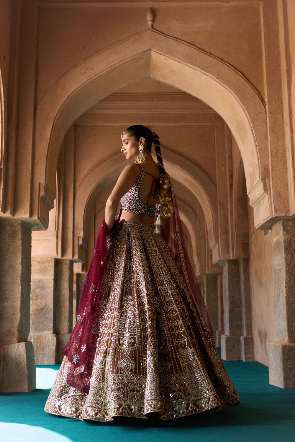 PRITHVI — Brown Raw Silk Lehenga Set with Contrast Maroon Blouse