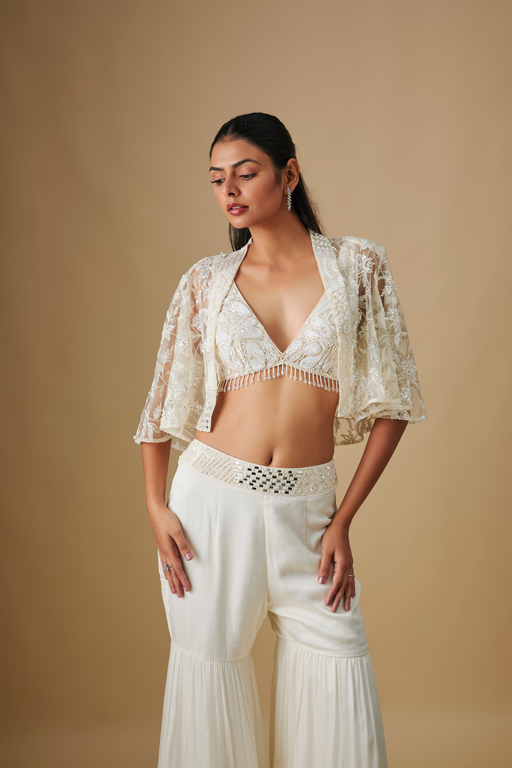 Seabryn- Ivory Sharara Mirror Blouse With Cape