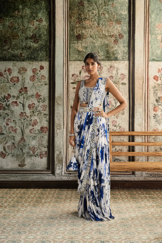 IVORY & BLUE FLORAL PRINT AND HIGHLIGHTED BORDER SKIRT SAREE SET