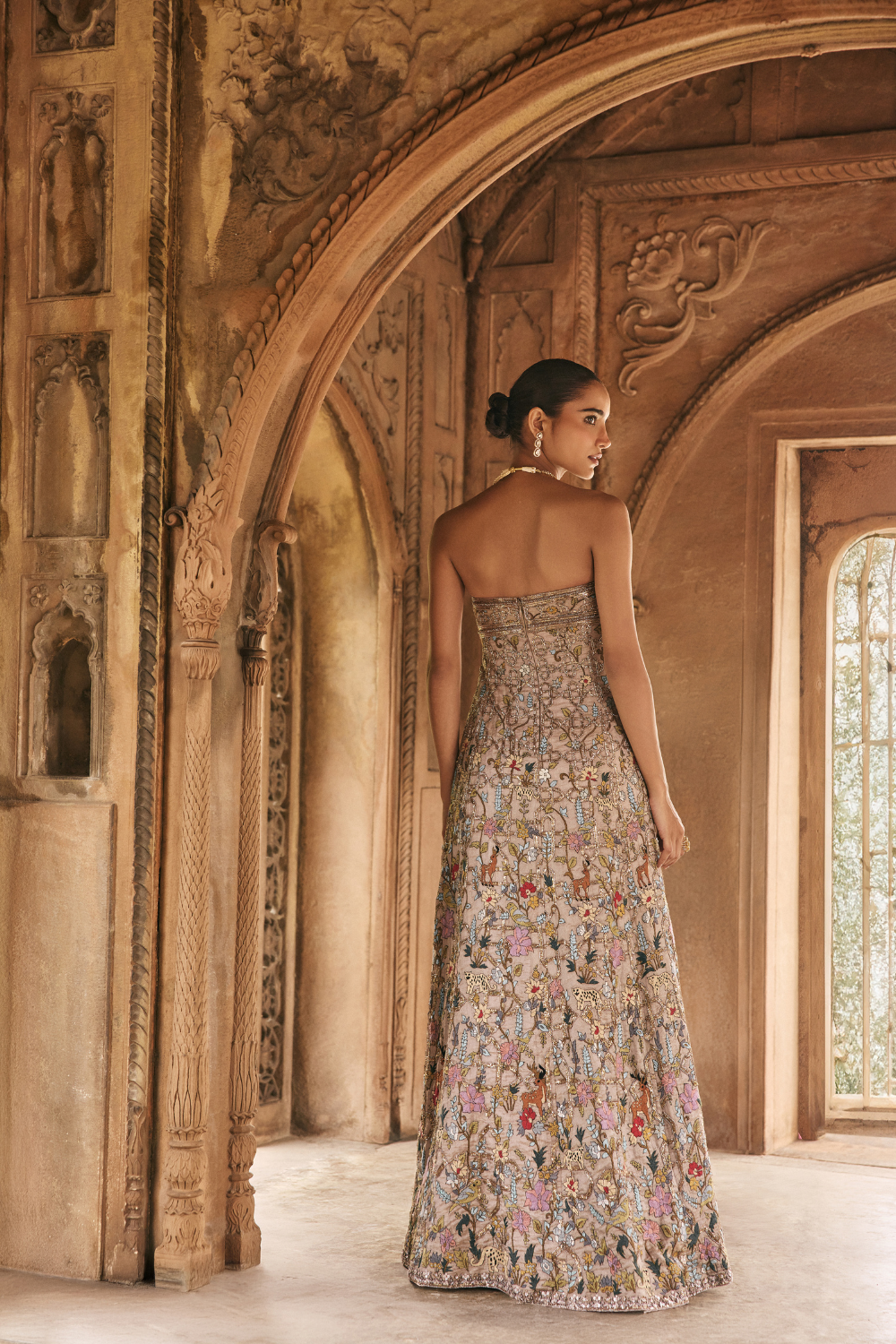 Multi-coloured, mauve, hand-embroidery, tissue, gown