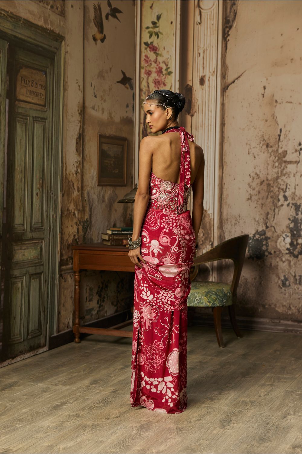 SCARLET RED PRINTED SLIT DRESS WITH HIGHLIGHTED CORSET BELT