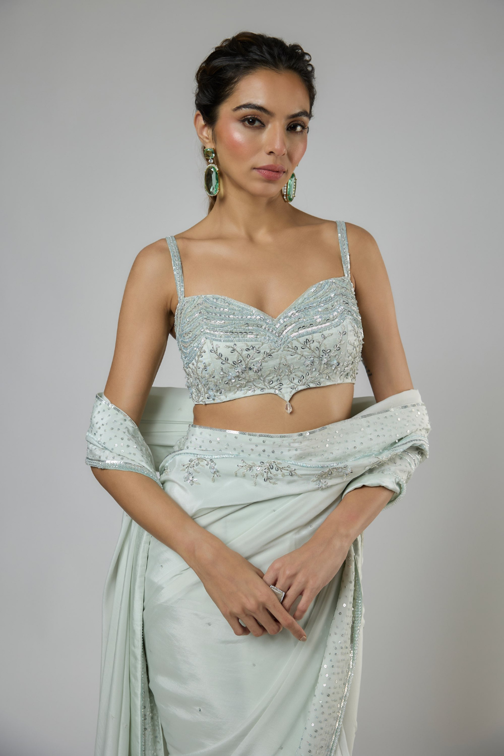 LIGHT MINT INTRICATE EMBROIDERED SAREE SET