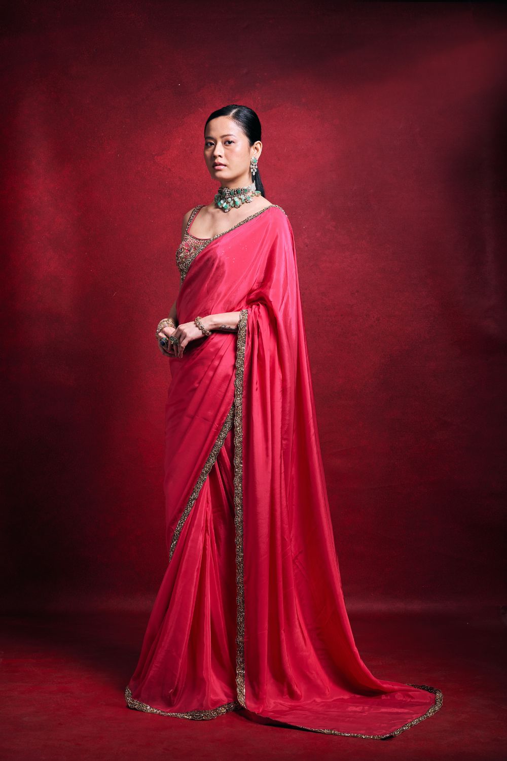 EMERALD GREEN CREPE SAREE SET