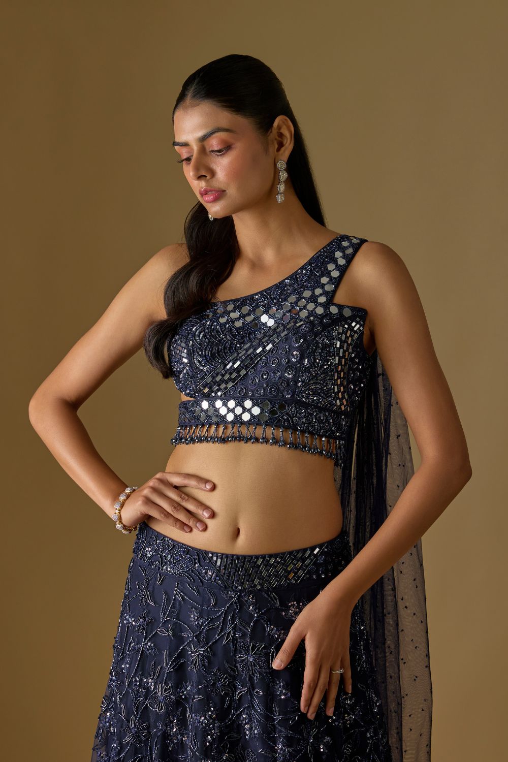 Tidea- Navy Blue Lehenga & One-Shoulder Blouse with Back Tail