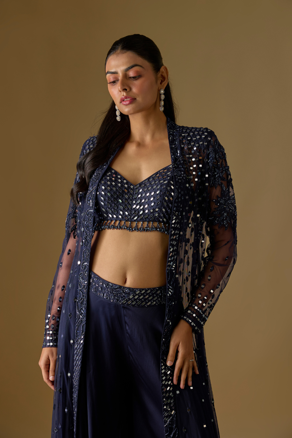 Brook- Navy Blue Long Jacket with Sharara and Mirror-Work Blouse