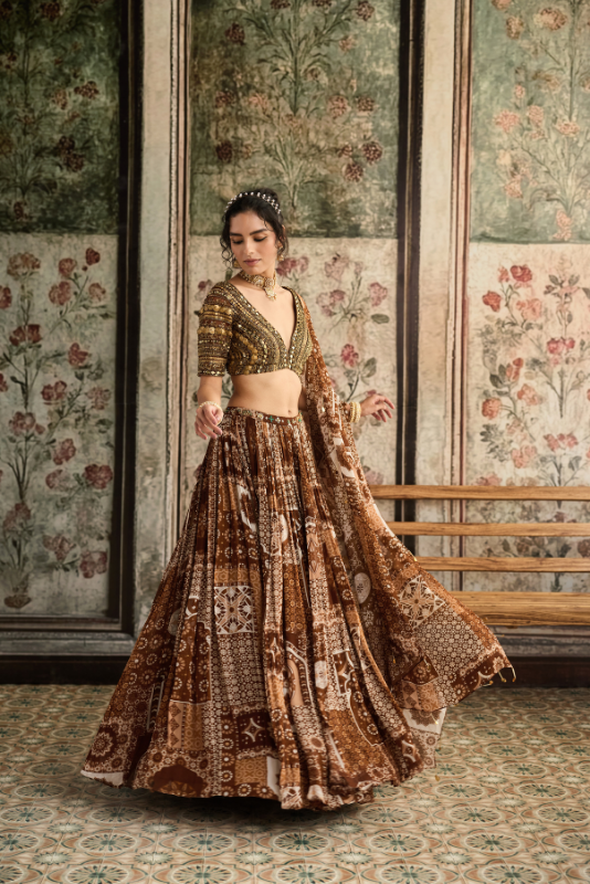 CARAMEL METALLIC EMBROIDERED BLOUSE  AND  CARAMEL PRINTED LEHENGA SET