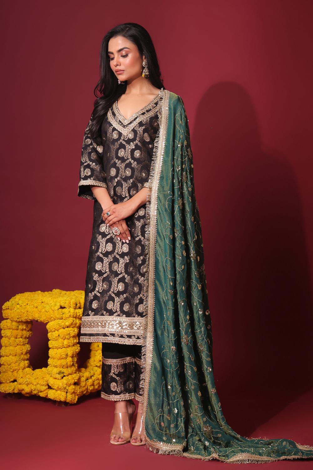 Black Brocade Kurta and Pant with dupatta
