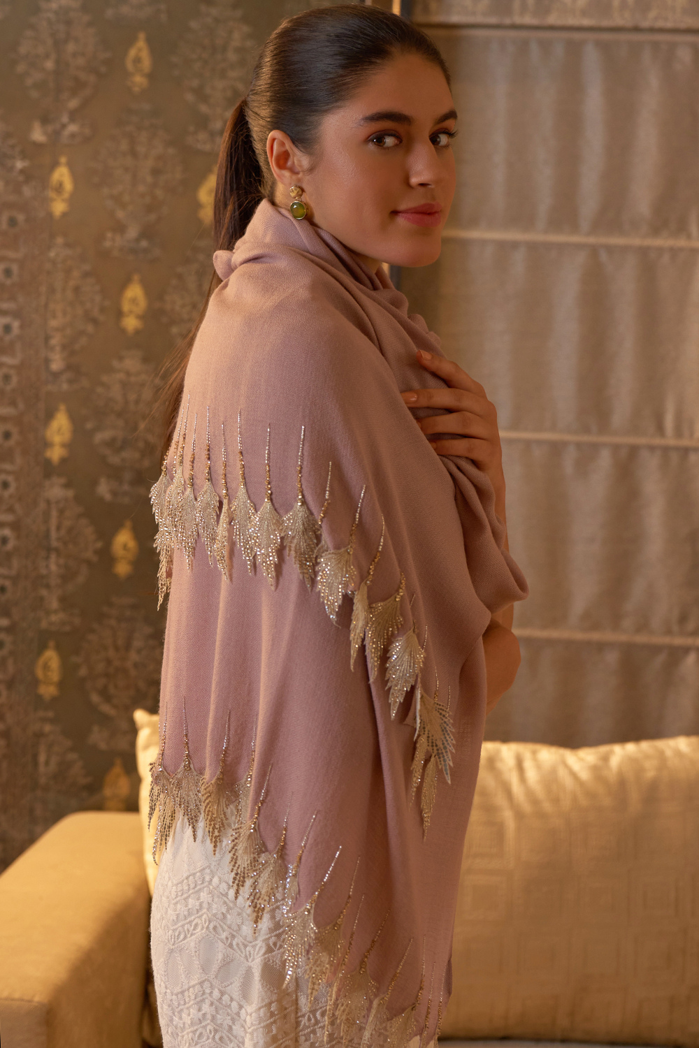 Leafy Sparkle | Embroidered Wool Silk Stole – Pale Mauve