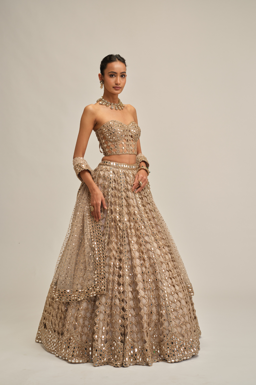 Light Beige Big Mirror Cutwork Lehenga with Corset Set